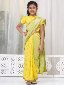 Little Bansi - Yellow Floral Saree and Stitched Blouse (Set of 2)
