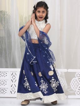 Little Bansi - Blue Embroidered Lehenga with Blouse and Dupatta (Set of 3)