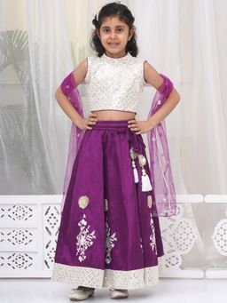 Little Bansi - Purple Embroidered Lehenga with Blouse and Dupatta (Set of 3)