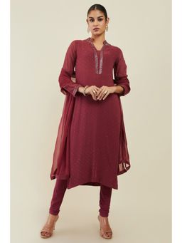 Soch - Maroon Georgette Stone Embellished Kurta with Churidar and Dupatta (Set of 3)