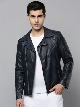 SHOWOFFFF - Mens Lapel Collar Navy Blue Solid Leather Jacket