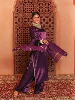 House of Surkh - Purple Embroidered Gajji Silk Kurta with Palazzo and Dupatta (Set of 3)