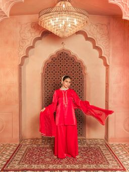 House of Surkh - Red Gajji Silk Embroidered Kurti with Palazzo and Dupatta (Set of 3)