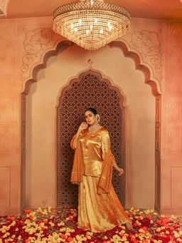 House of Surkh - Orange Gajji Silk Embroidered Kurti with Palazzo and Dupatta (Set of 3)