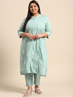 Rangmayee - Womens Blue & Cream Floral Print Straight Kurta With Trouser