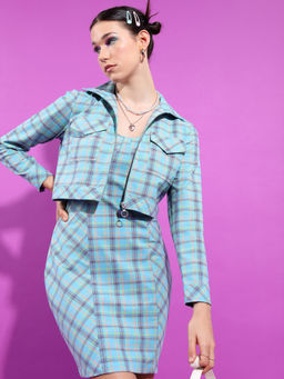 TOKYO TALKIES - Blue Checked Sheath Mini Dress with Jacket (Set of 2)
