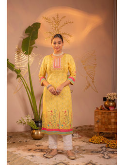 Juniper - Yellow Floral Viscose Rayon Straight Kurta