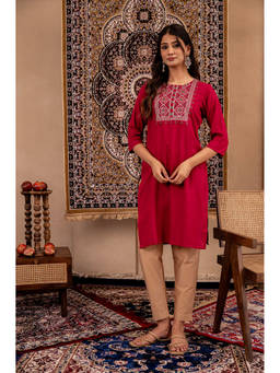 Juniper - Maroon Embroidered Viscose Rayon Straight Kurta
