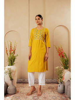Juniper - Mustard Embroidered Viscose Rayon Straight Kurta