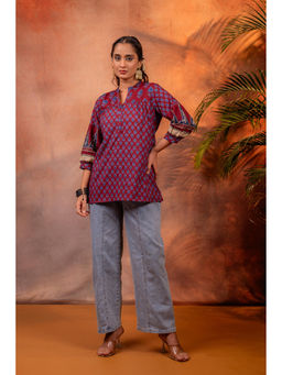 Juniper - Maroon Printed Cotton Straight Tunic