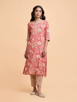 VISMAY - Peach Floral Viscose Regular Kurta