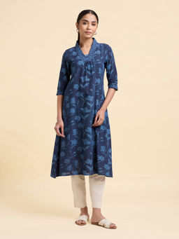 VISMAY - Indigo Floral Cotton Regular Kurta