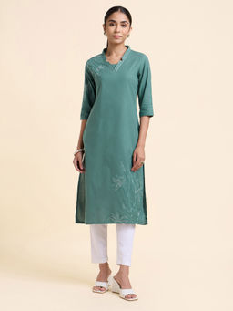 VISMAY - Teal Floral Cotton Regular Kurta