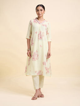 VISMAY - Ivory Floral Cotton Regular Kurta