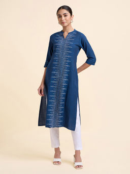 VISMAY - Blue Embroidered Cotton Regular Kurta
