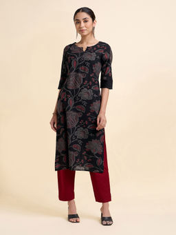 VISMAY - Black Floral Cotton Regular Kurta