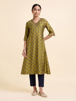 VISMAY - Mustard Floral Modal Regular Kurta
