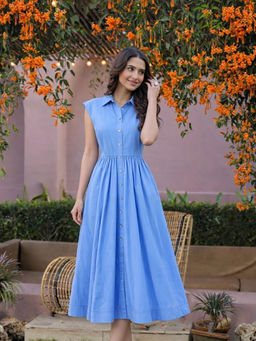 VAJOONI JAIPUR - Ocean Blue Breeze Midi Dress