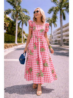 VAJOONI JAIPUR - Rosy Pink Garden Gingham Midi Dress