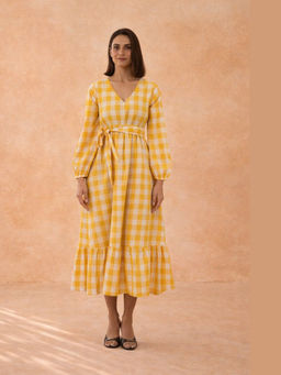 VAJOONI JAIPUR - Yellow Sunbeam Gingham Midi Dress