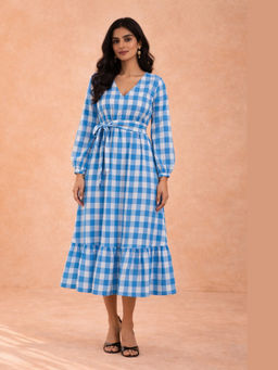 VAJOONI JAIPUR - Bluebell Gingham Midi Dress