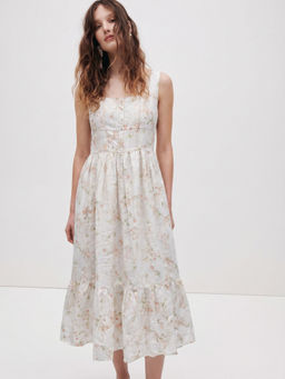FELRIO - Off White Floral Button Front Midi Dress