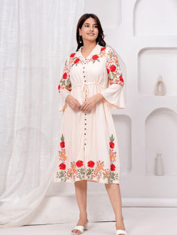 Cevara - Beige Meadow Bloom A-Line Dress
