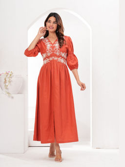Cevara - Rust Apricot Bloom A-Line Dress