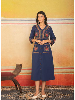Cevara - Navy Blue Meadow Grace A-Line Dress