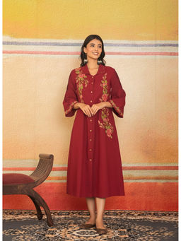 Cevara - Maroon Burgundy Bloom A-Line Dress