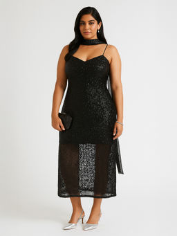 Backup Studio - Sequins Black Dress With Scarf