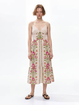 FELRIO - Beige Coastal Bloom Linen Floral Cream Midi Dress