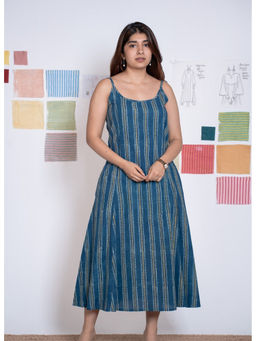 The Indian Ethnic Co. - Viaana Blue Ajrakh Cotton A Line Dress