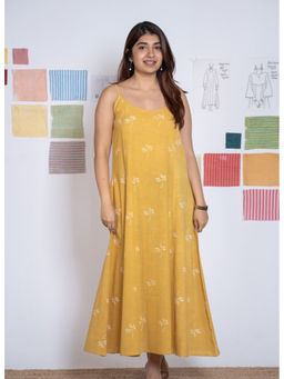The Indian Ethnic Co. - Viaana Yellow Dabu Slub Cotton A Line Dress