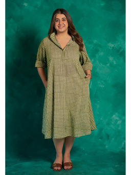 The Indian Ethnic Co. - Aveera Green Bagru Cotton A Line Dress with Slip