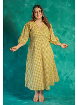 The Indian Ethnic Co. - Eyza Yellow Bagru Cotton A Line Dress