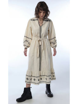 FELRIO - Beige Ecru Linen Embroidered Dress
