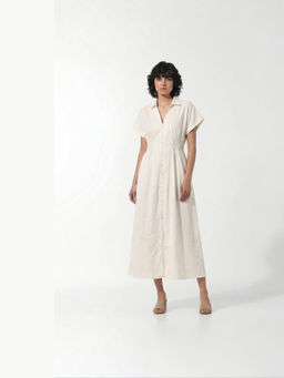 FELRIO - White Ivory Silk Linen Shirt Dress