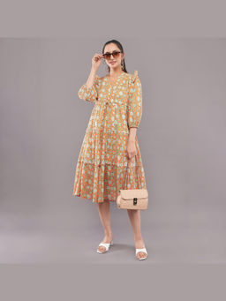 FELRIO - Mustard Meadow Bloom Tiered Midi Dress