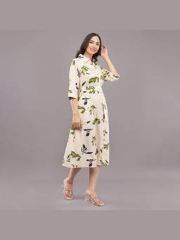 FELRIO - Beige Olive Leaf Printed Shirt Dress