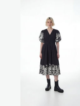 FELRIO - Black Midnight Noir Printed Puff-Sleeve Midi Dress