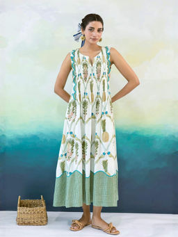 MoonTara - Women Ivory Tropical Bird Print Pintuck Detailing Maxi Dress