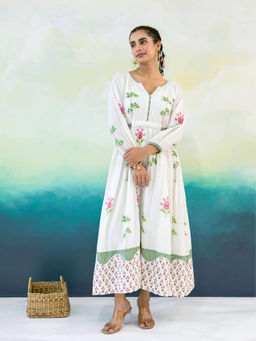 MoonTara - Women Ivory Floral Print Contrast Border Maxi Dress