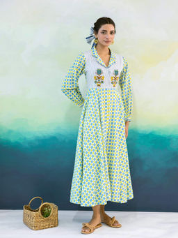 MoonTara - Women Blue Checked Embroidered Yoke Midi Shirt Dress