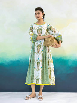 MoonTara - Women Sage Green Tropical Print Contrast Panels Midi Dress