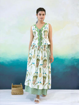 MoonTara - Women Ivory and Sage Green Printed Top with Wrap Midi Skirt Co-Ord Set