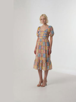 FELRIO - Multi-Color Multicolor Floral Puff-Sleeve Midi Dress