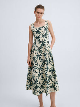 FELRIO - Beige Palm Muse Linen Midi Dress