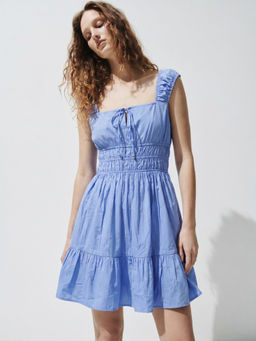 FELRIO - Blue Ruched Waist Poplin Dress