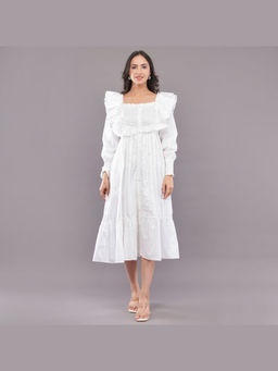 FELRIO - White Ruffle Rayon Cotton Midi Dress